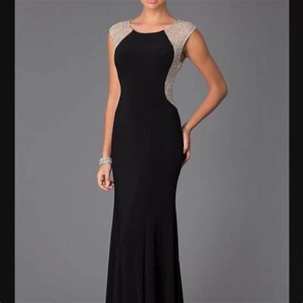 Xscape Black Evening Gown with Gold Beaded Accents 12P